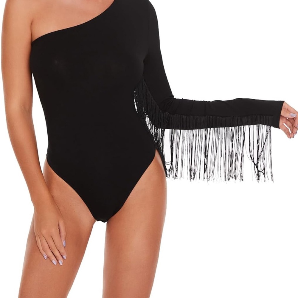Verdusa Women's Fringe Trim One Shoulder Long Sleeve Bodysuit Top - Small